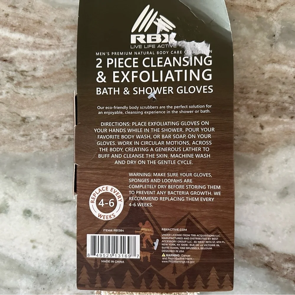 RBX Live Life Active -Cleansing & Exfoliating Bath & Shower Gloves-Eco Friendly
